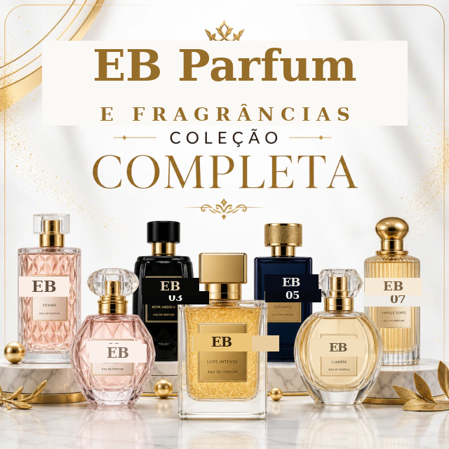 Coleção completa de perfumes artesanais do ateliê Flor & Espuma, sete frascos dourados e escuros alinhados sobre bancada de mármore