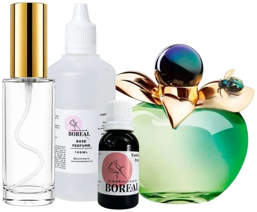 Kit de recarga: frasco vazio, base perfumada, essência concentrada e perfume finalizado