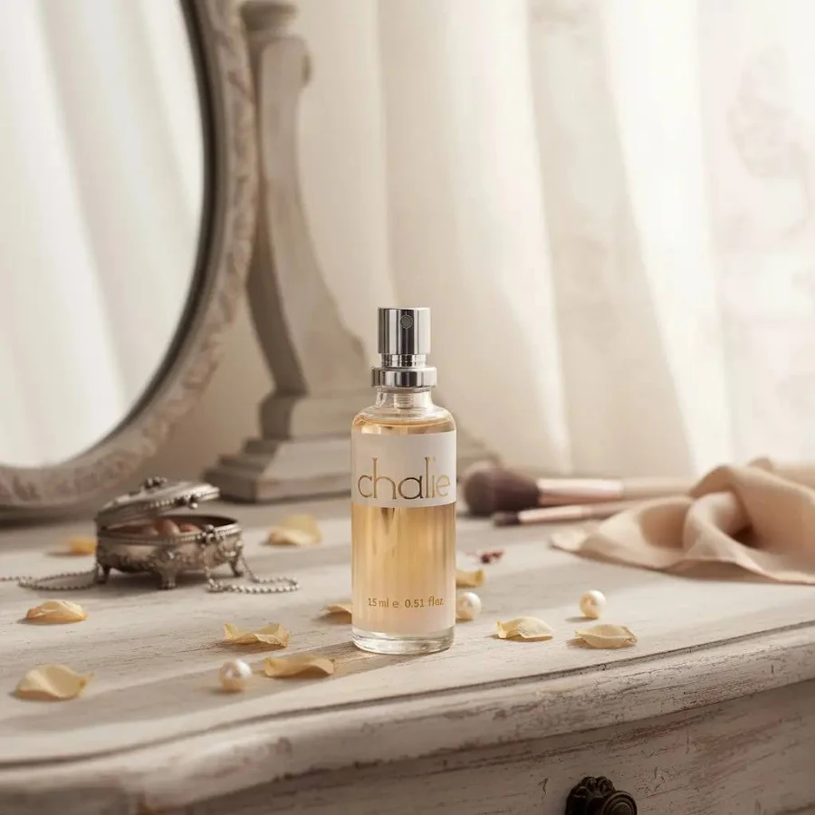 Frasco de perfume Véu Dourado sobre penteadeira com pérolas e pétalas